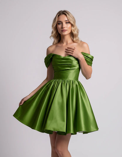 Polyester Satin Off-the-Shoulder Sweetheart A-Line Mini Dress for Party, Cocktail, Evening, Summer, Wedding Guest & Prom Even