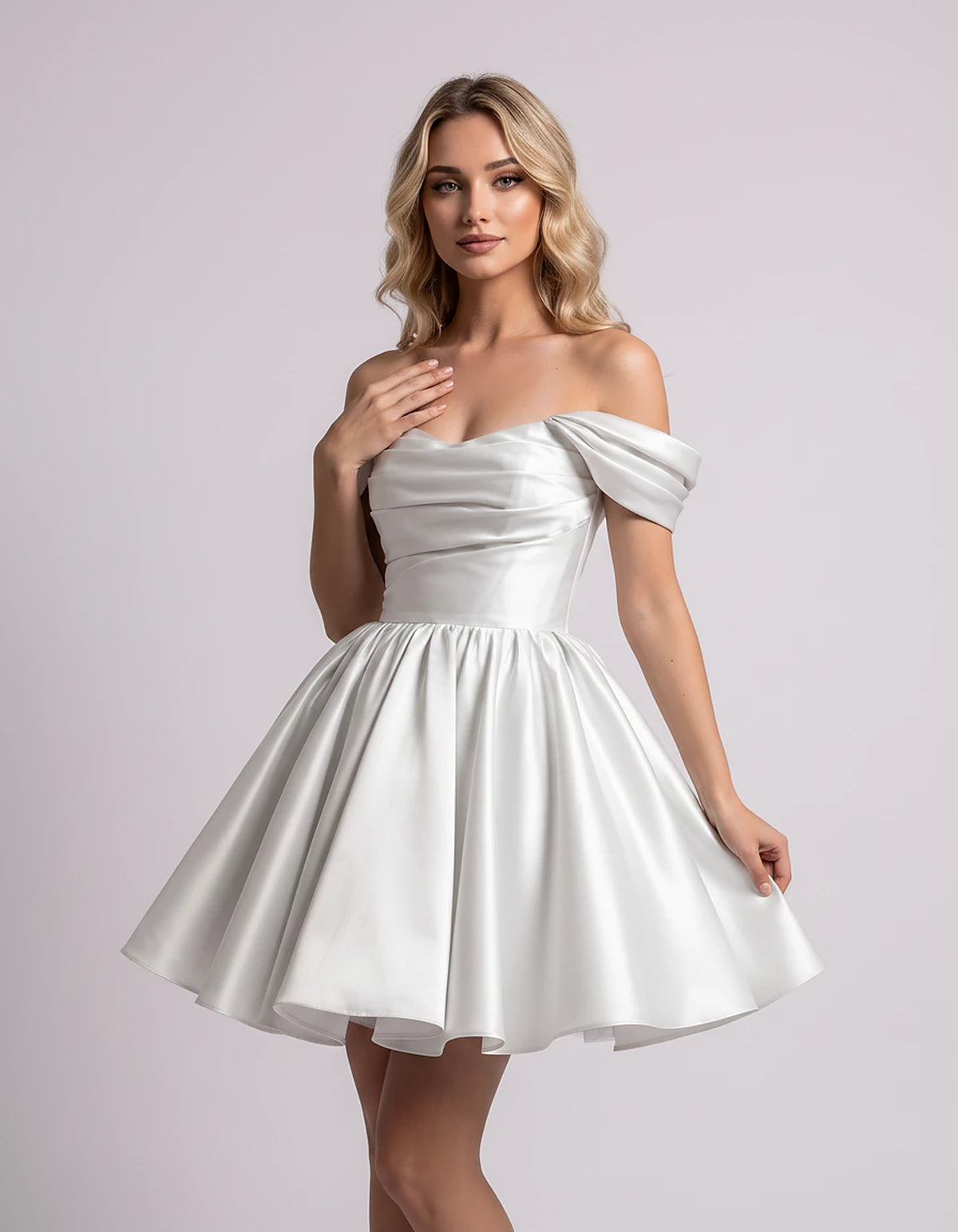 Polyester Satin Off-the-Shoulder Sweetheart A-Line Mini Dress for Party, Cocktail, Evening, Summer, Wedding Guest & Prom Even