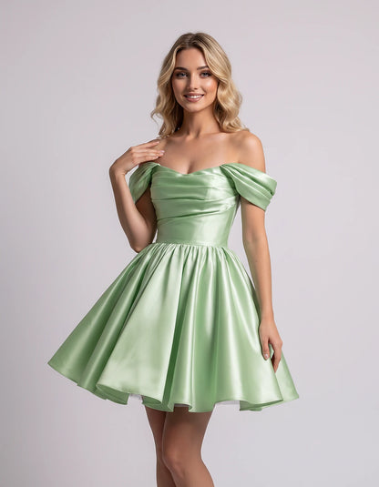 Polyester Satin Off-the-Shoulder Sweetheart A-Line Mini Dress for Party, Cocktail, Evening, Summer, Wedding Guest & Prom Even