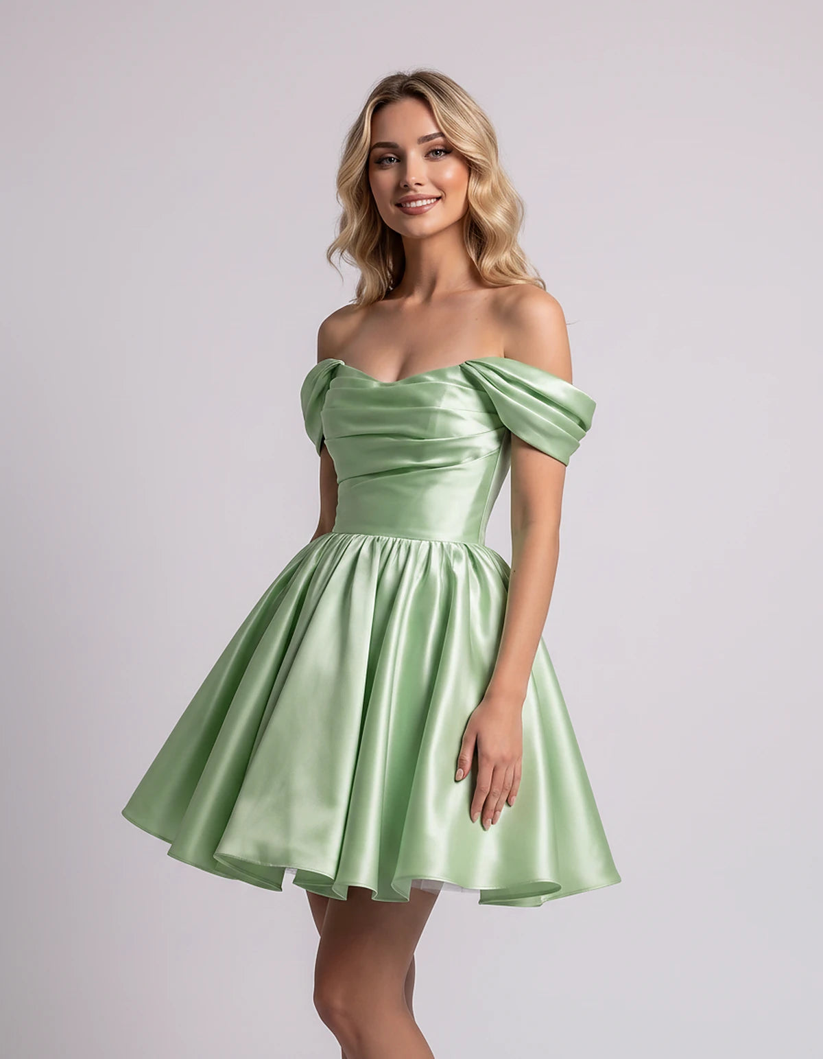 Polyester Satin Off-the-Shoulder Sweetheart A-Line Mini Dress for Party, Cocktail, Evening, Summer, Wedding Guest & Prom Even