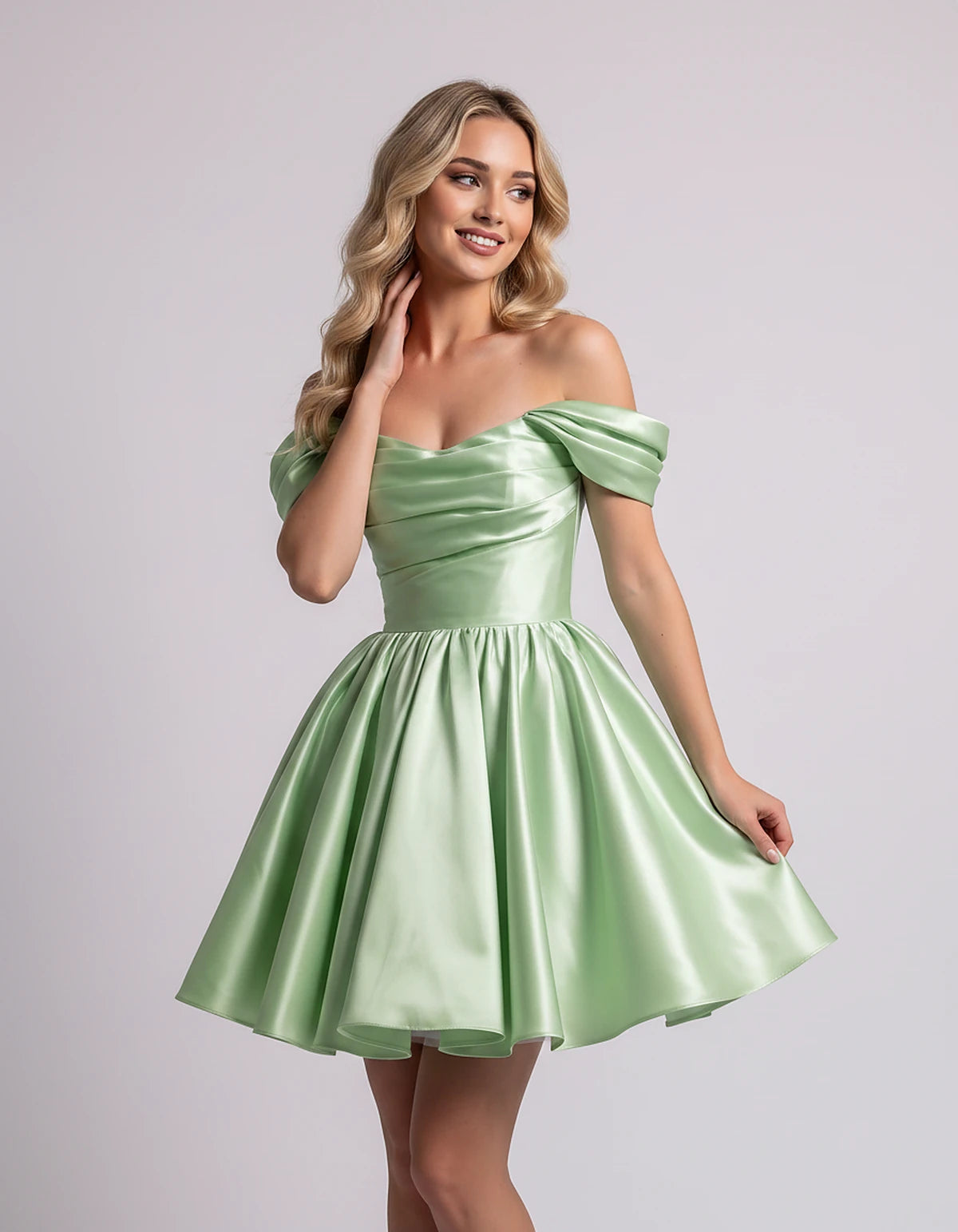 Polyester Satin Off-the-Shoulder Sweetheart A-Line Mini Dress for Party, Cocktail, Evening, Summer, Wedding Guest & Prom Even
