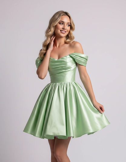 Polyester Satin Off-the-Shoulder Sweetheart A-Line Mini Dress for Party, Cocktail, Evening, Summer, Wedding Guest & Prom Even