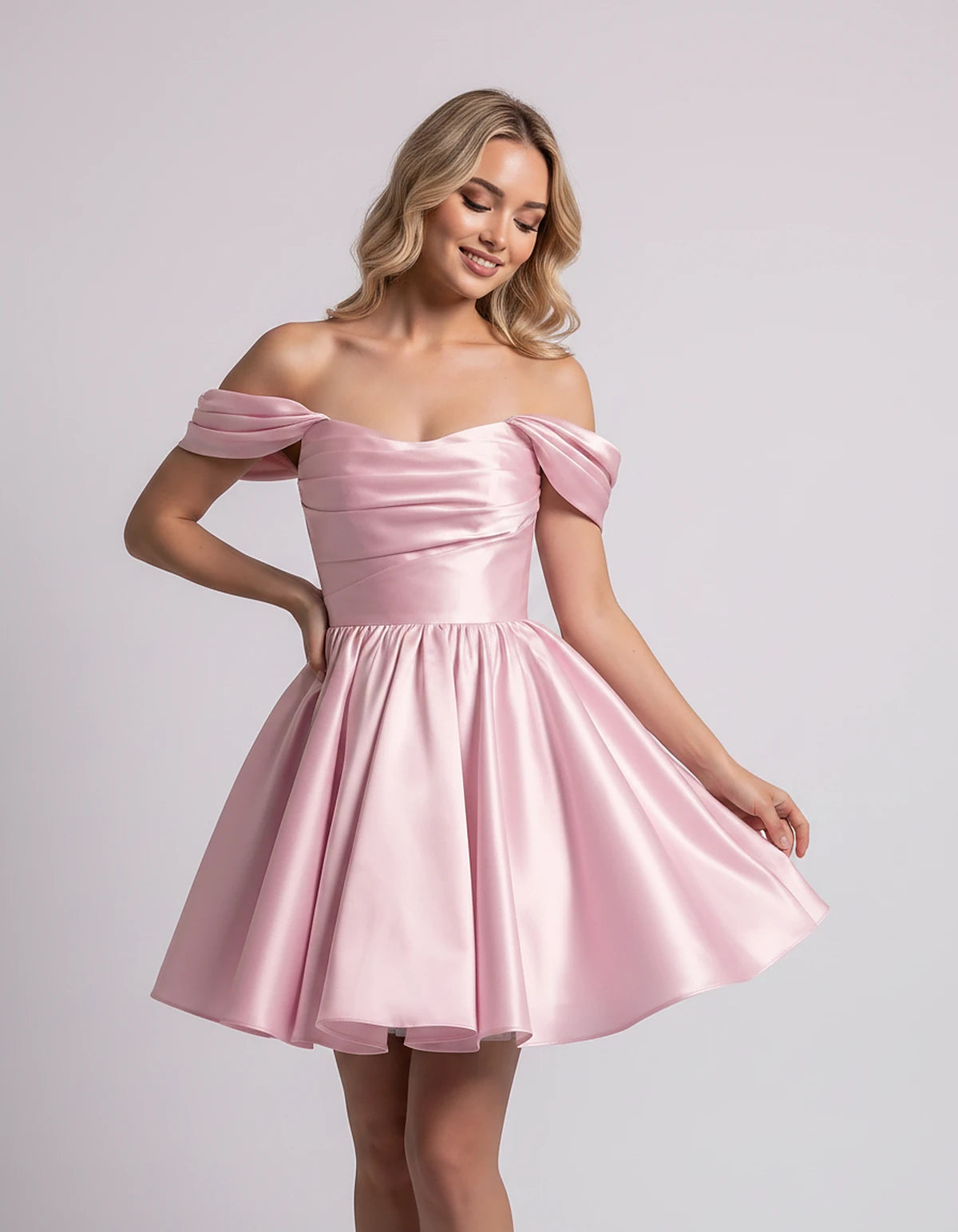 Polyester Satin Off-the-Shoulder Sweetheart A-Line Mini Dress for Party, Cocktail, Evening, Summer, Wedding Guest & Prom Even