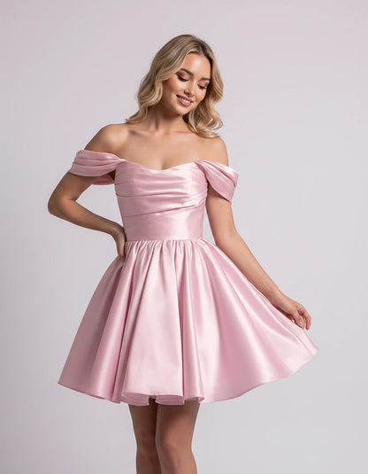 Polyester Satin Off-the-Shoulder Sweetheart A-Line Mini Dress for Party, Cocktail, Evening, Summer, Wedding Guest & Prom Even