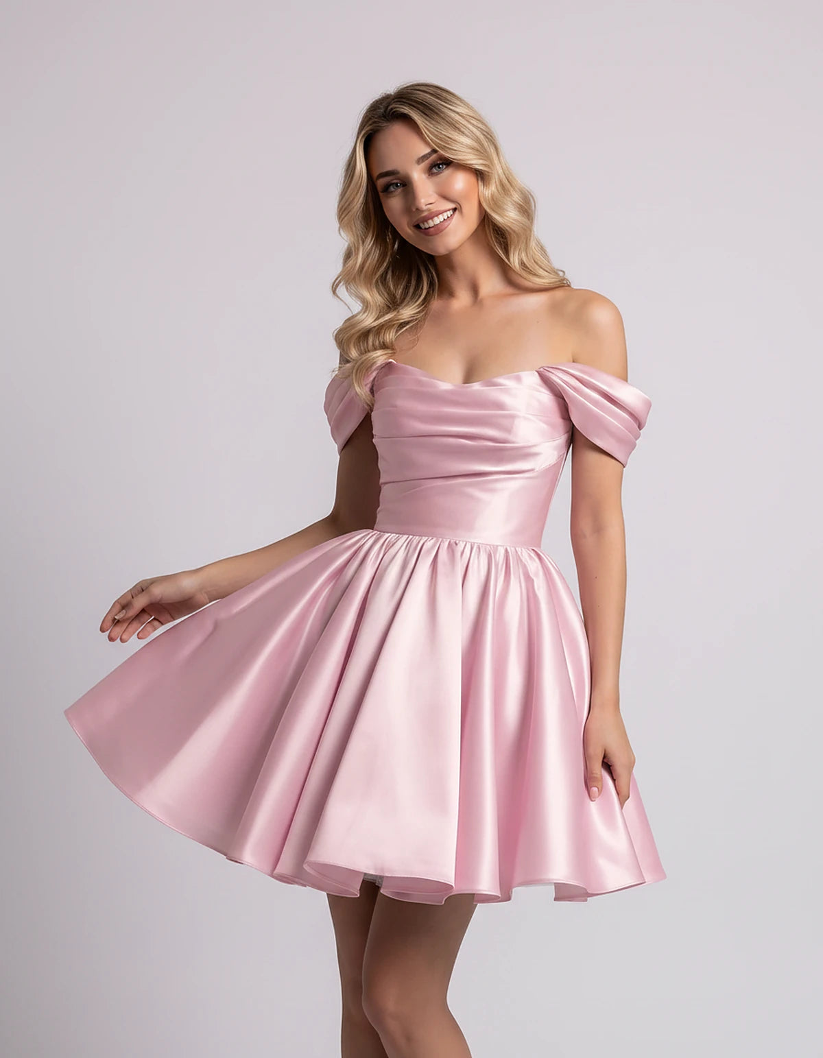 Polyester Satin Off-the-Shoulder Sweetheart A-Line Mini Dress for Party, Cocktail, Evening, Summer, Wedding Guest & Prom Even