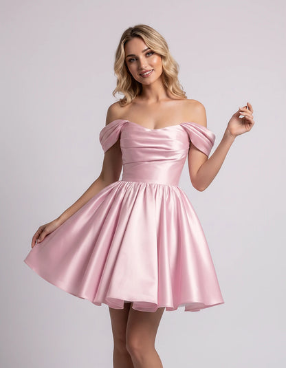 Polyester Satin Off-the-Shoulder Sweetheart A-Line Mini Dress for Party, Cocktail, Evening, Summer, Wedding Guest & Prom Even