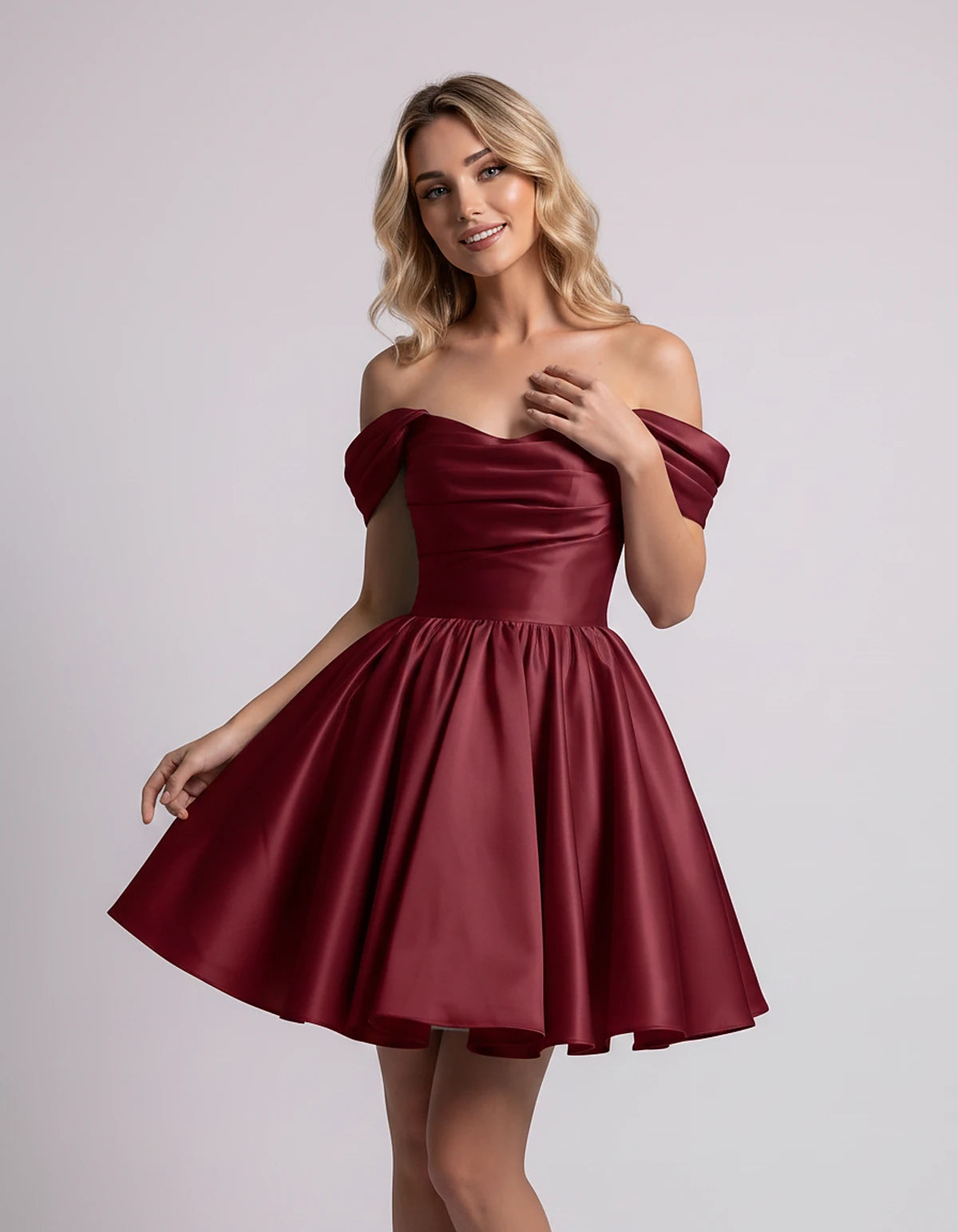 Polyester Satin Off-the-Shoulder Sweetheart A-Line Mini Dress for Party, Cocktail, Evening, Summer, Wedding Guest & Prom Even