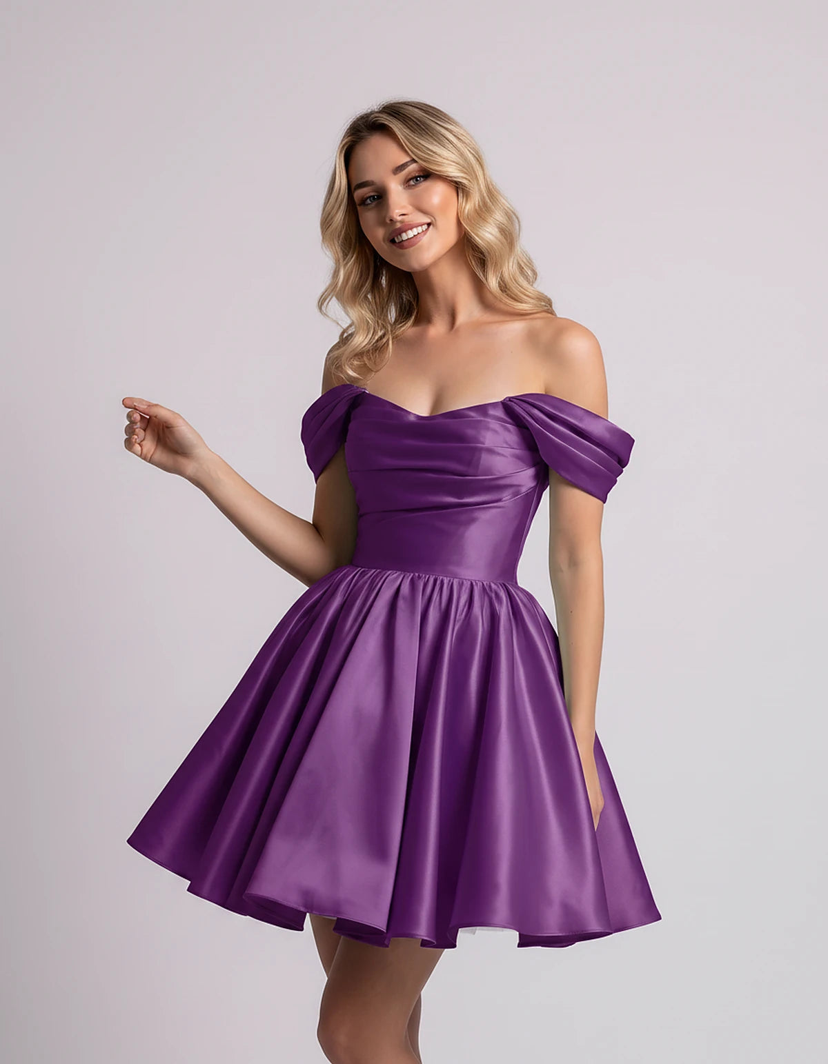 Polyester Satin Off-the-Shoulder Sweetheart A-Line Mini Dress for Party, Cocktail, Evening, Summer, Wedding Guest & Prom Even