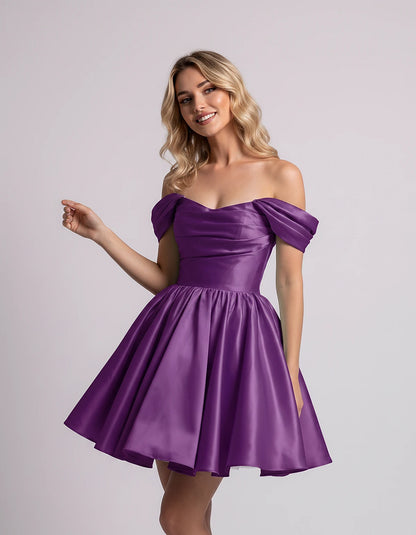 Polyester Satin Off-the-Shoulder Sweetheart A-Line Mini Dress for Party, Cocktail, Evening, Summer, Wedding Guest & Prom Even