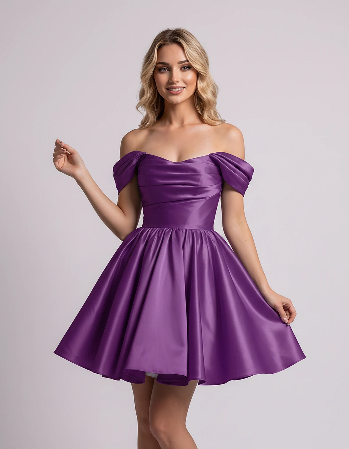 Polyester Satin Off-the-Shoulder Sweetheart A-Line Mini Dress for Party, Cocktail, Evening, Summer, Wedding Guest & Prom Even