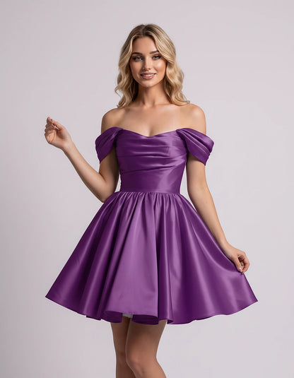 Polyester Satin Off-the-Shoulder Sweetheart A-Line Mini Dress for Party, Cocktail, Evening, Summer, Wedding Guest & Prom Even
