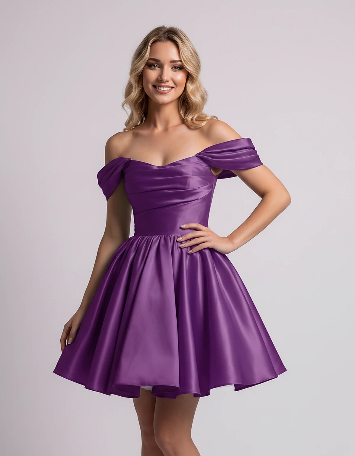 Polyester Satin Off-the-Shoulder Sweetheart A-Line Mini Dress for Party, Cocktail, Evening, Summer, Wedding Guest & Prom Even