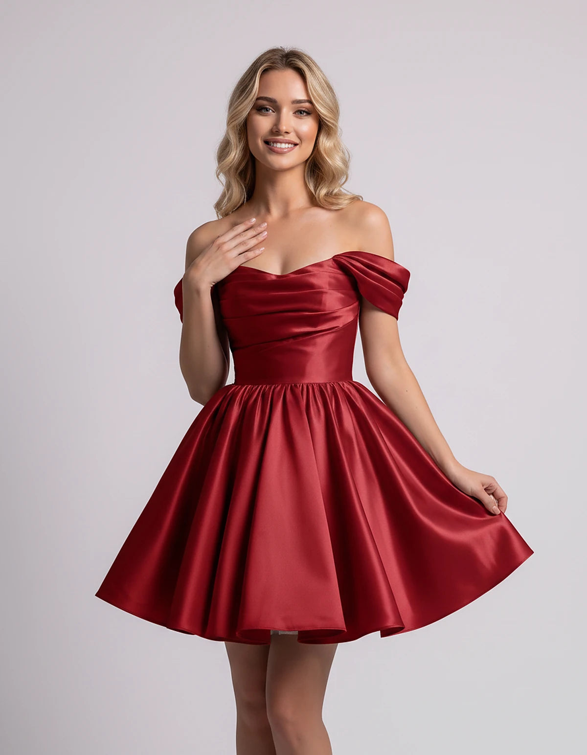Polyester Satin Off-the-Shoulder Sweetheart A-Line Mini Dress for Party, Cocktail, Evening, Summer, Wedding Guest & Prom Even