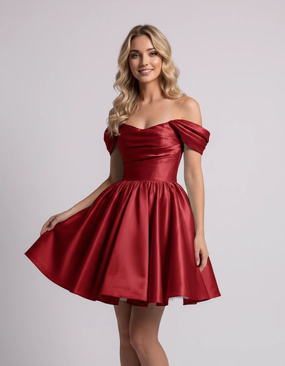 Polyester Satin Off-the-Shoulder Sweetheart A-Line Mini Dress for Party, Cocktail, Evening, Summer, Wedding Guest & Prom Even