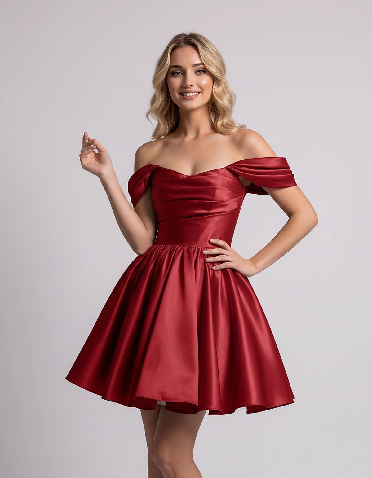 Polyester Satin Off-the-Shoulder Sweetheart A-Line Mini Dress for Party, Cocktail, Evening, Summer, Wedding Guest & Prom Even