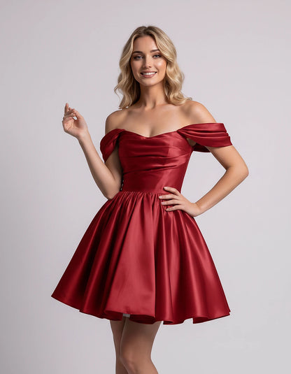 Polyester Satin Off-the-Shoulder Sweetheart A-Line Mini Dress for Party, Cocktail, Evening, Summer, Wedding Guest & Prom Even