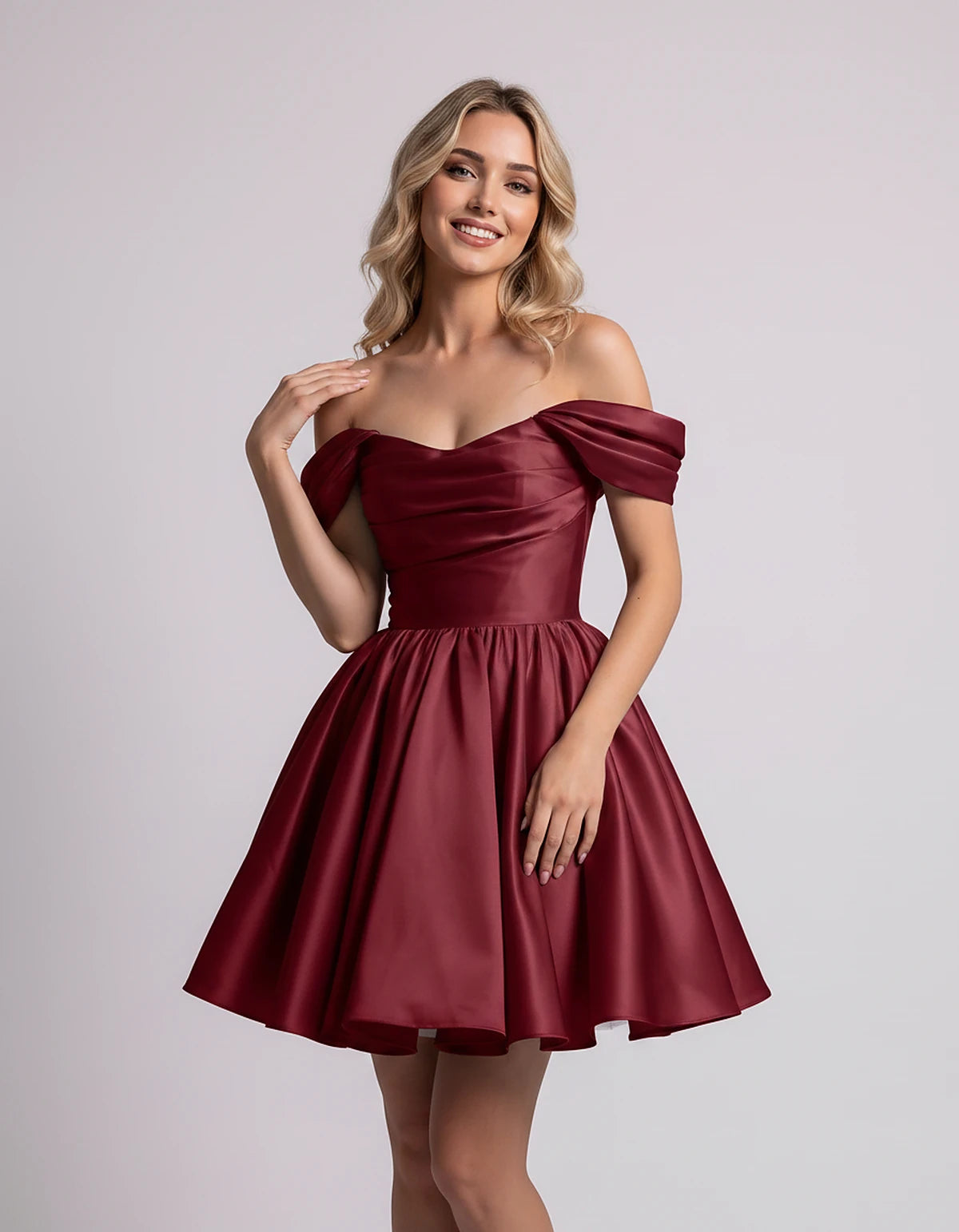 Polyester Satin Off-the-Shoulder Sweetheart A-Line Mini Dress for Party, Cocktail, Evening, Summer, Wedding Guest & Prom Even