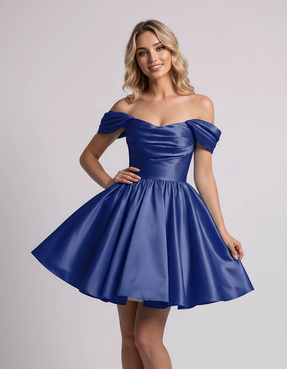 Polyester Satin Off-the-Shoulder Sweetheart A-Line Mini Dress for Party, Cocktail, Evening, Summer, Wedding Guest & Prom Even