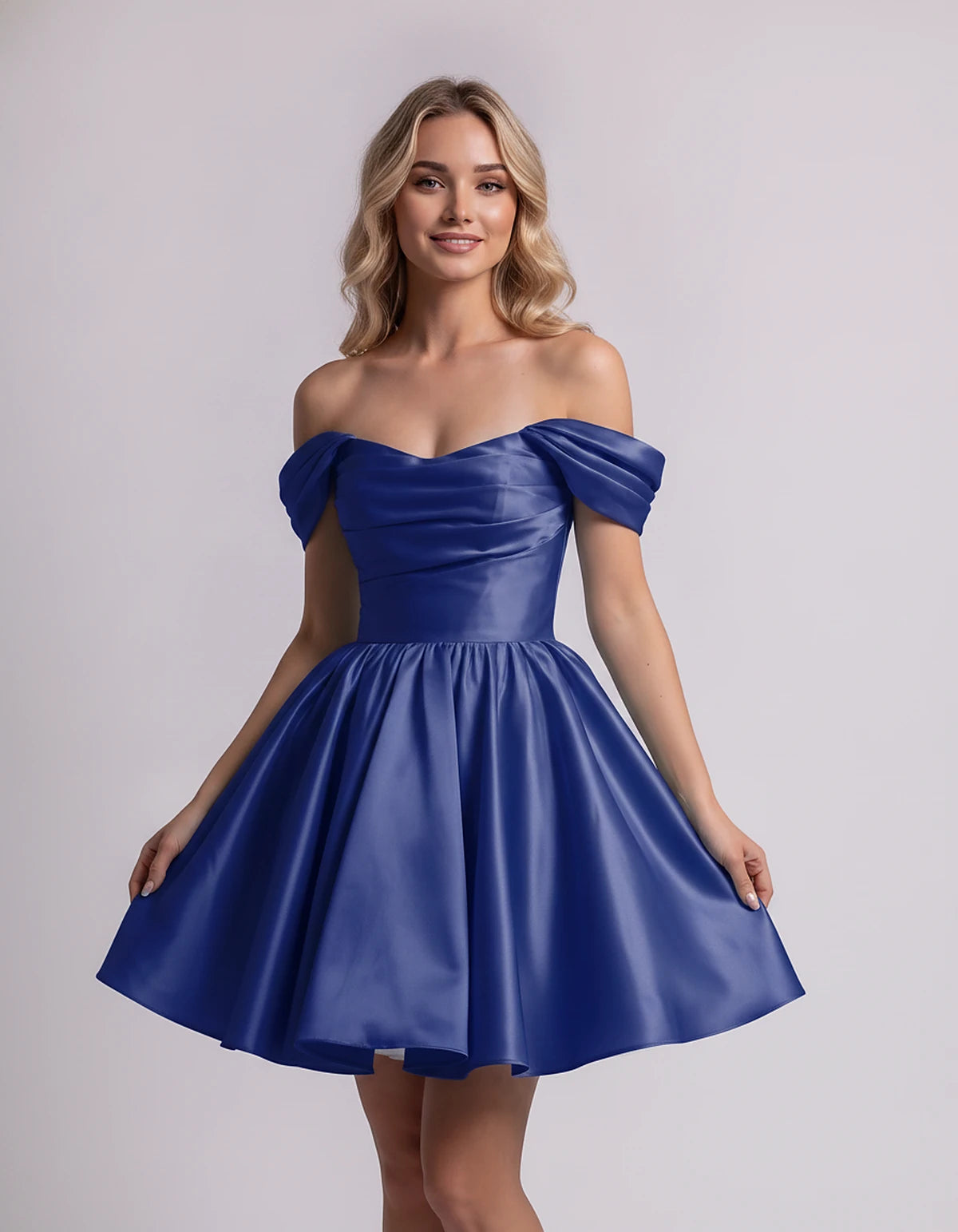 Polyester Satin Off-the-Shoulder Sweetheart A-Line Mini Dress for Party, Cocktail, Evening, Summer, Wedding Guest & Prom Even