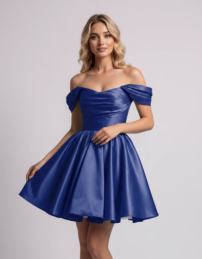 Polyester Satin Off-the-Shoulder Sweetheart A-Line Mini Dress for Party, Cocktail, Evening, Summer, Wedding Guest & Prom Even