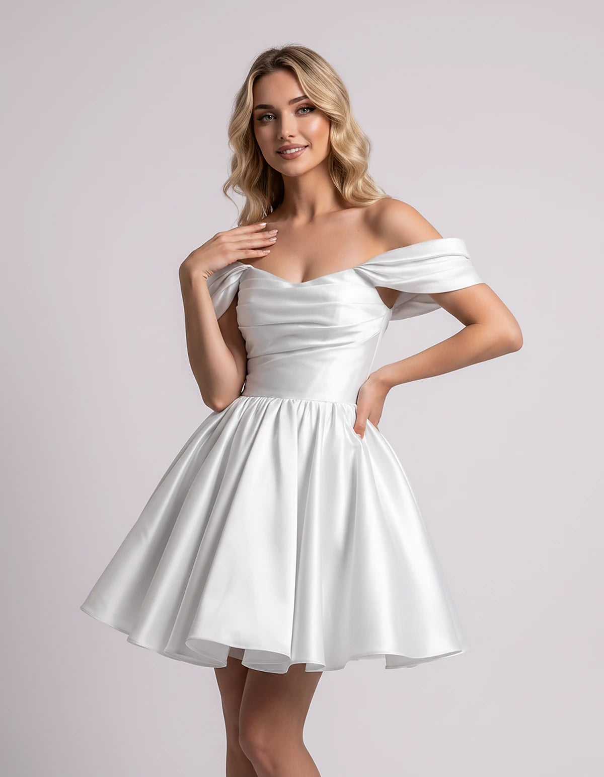 Polyester Satin Off-the-Shoulder Sweetheart A-Line Mini Dress for Party, Cocktail, Evening, Summer, Wedding Guest & Prom Even