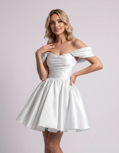 Polyester Satin Off-the-Shoulder Sweetheart A-Line Mini Dress for Party, Cocktail, Evening, Summer, Wedding Guest & Prom Even