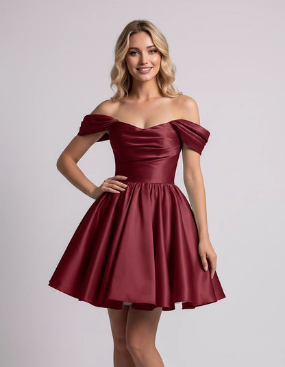 Polyester Satin Off-the-Shoulder Sweetheart A-Line Mini Dress for Party, Cocktail, Evening, Summer, Wedding Guest & Prom Even