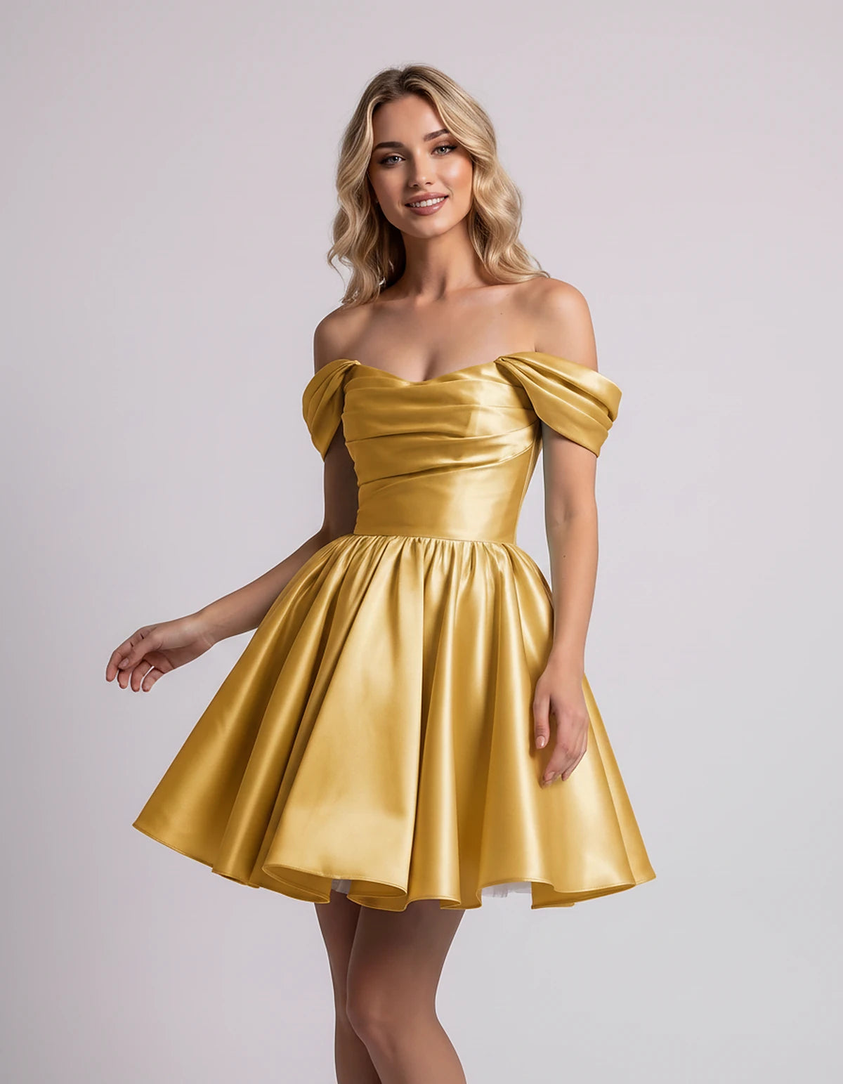 Polyester Satin Off-the-Shoulder Sweetheart A-Line Mini Dress for Party, Cocktail, Evening, Summer, Wedding Guest & Prom Even