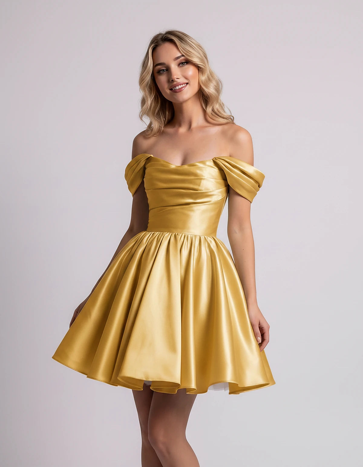 Polyester Satin Off-the-Shoulder Sweetheart A-Line Mini Dress for Party, Cocktail, Evening, Summer, Wedding Guest & Prom Even
