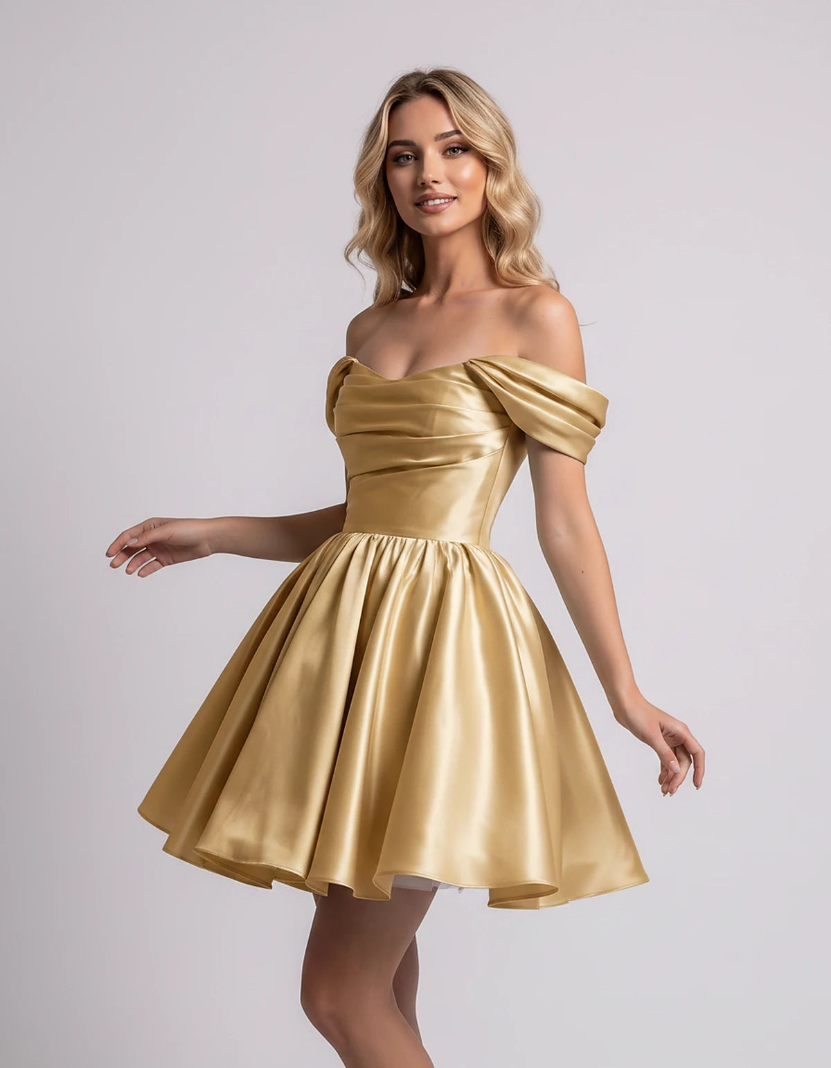 Polyester Satin Off-the-Shoulder Sweetheart A-Line Mini Dress for Party, Cocktail, Evening, Summer, Wedding Guest & Prom Even