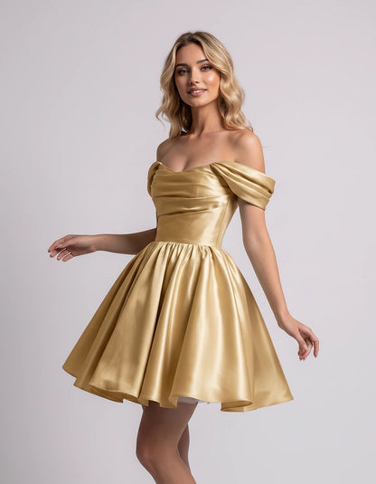 Polyester Satin Off-the-Shoulder Sweetheart A-Line Mini Dress for Party, Cocktail, Evening, Summer, Wedding Guest & Prom Even