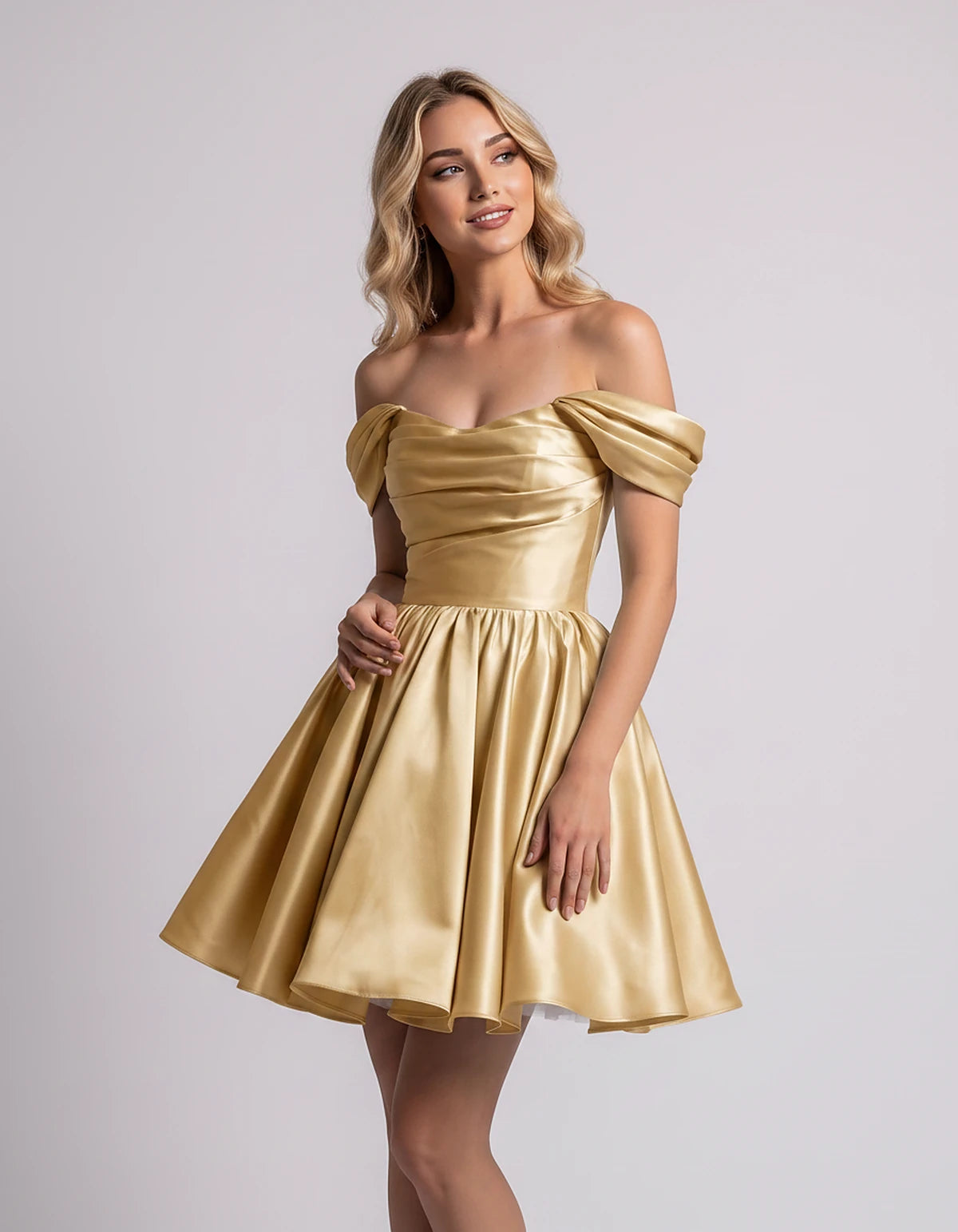 Polyester Satin Off-the-Shoulder Sweetheart A-Line Mini Dress for Party, Cocktail, Evening, Summer, Wedding Guest & Prom Even