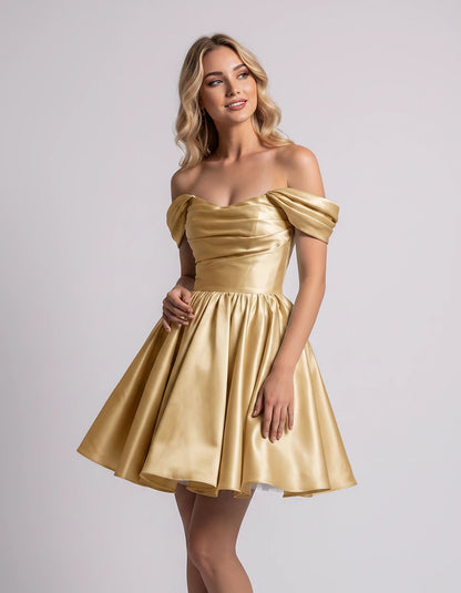 Polyester Satin Off-the-Shoulder Sweetheart A-Line Mini Dress for Party, Cocktail, Evening, Summer, Wedding Guest & Prom Even