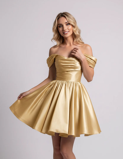 Polyester Satin Off-the-Shoulder Sweetheart A-Line Mini Dress for Party, Cocktail, Evening, Summer, Wedding Guest & Prom Even