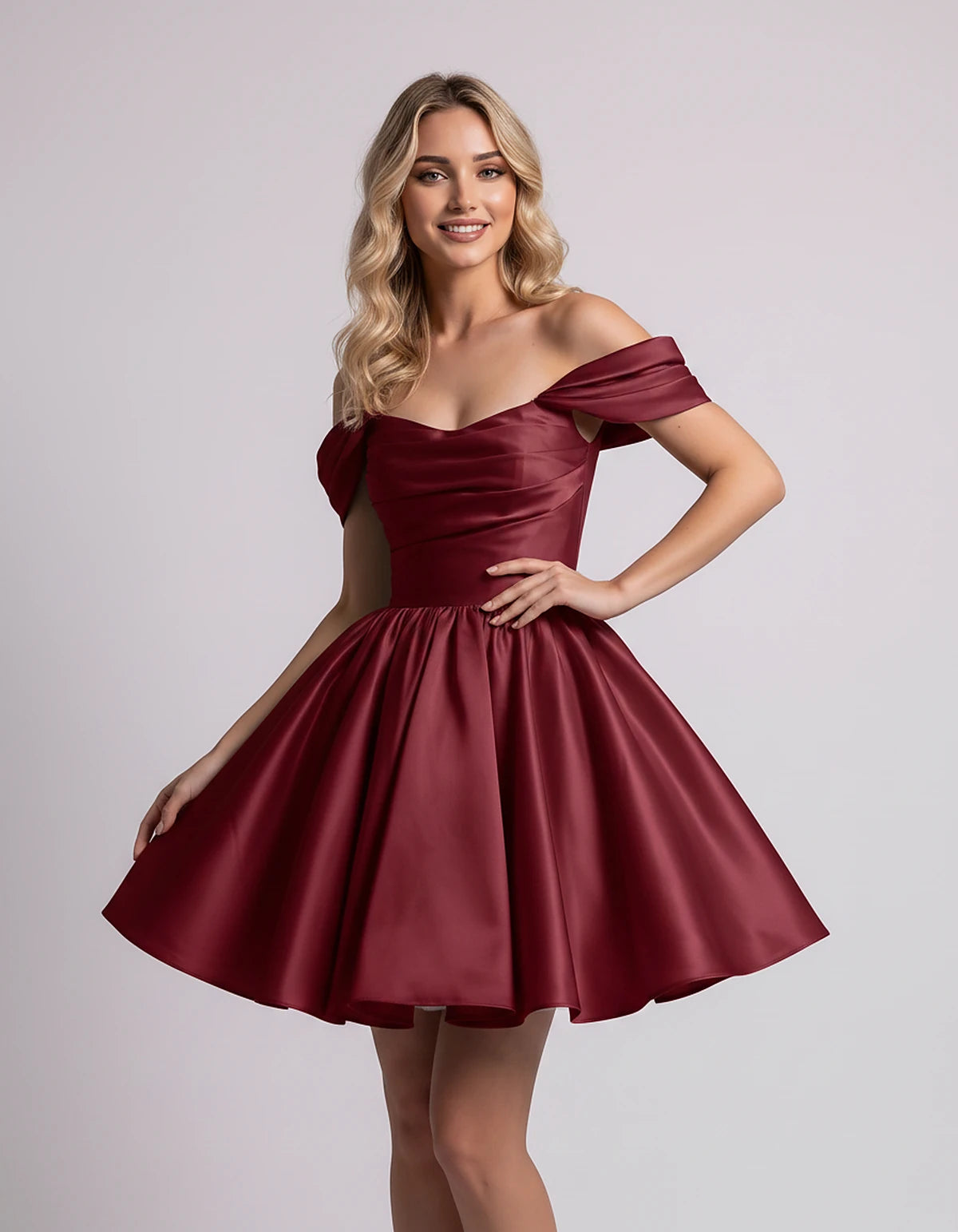 Polyester Satin Off-the-Shoulder Sweetheart A-Line Mini Dress for Party, Cocktail, Evening, Summer, Wedding Guest & Prom Even