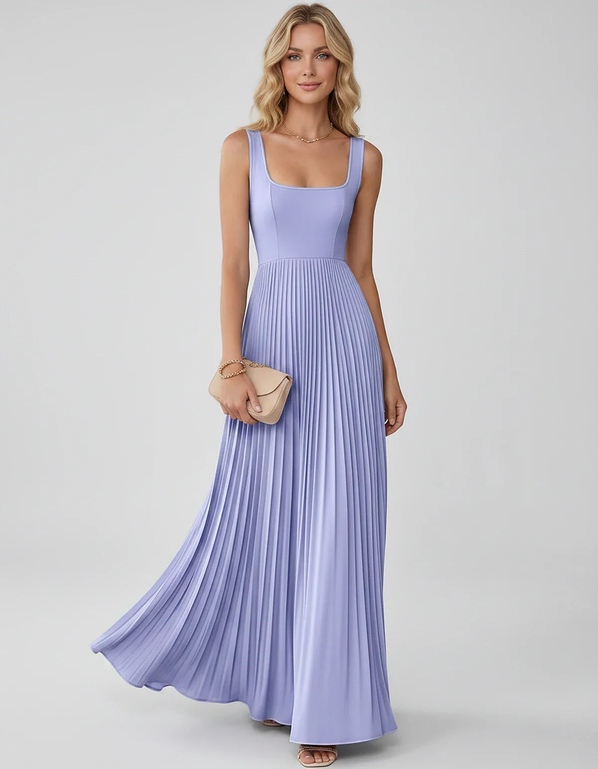 Satin Sleeveless Square Neck A-Line Maxi Dress with Pleated Skirt for Party, Cocktail, Evening, Wedding Guest & Summer Events | SKU: AMD-583920174618527-LAVENDER-L,AMD-583920174618527-LAVENDER-M,AMD-583920174618527-LAVENDER-S,AMD-583920174618527-LAVENDER-XL,AMD-583920174618527-LAVENDER-XS