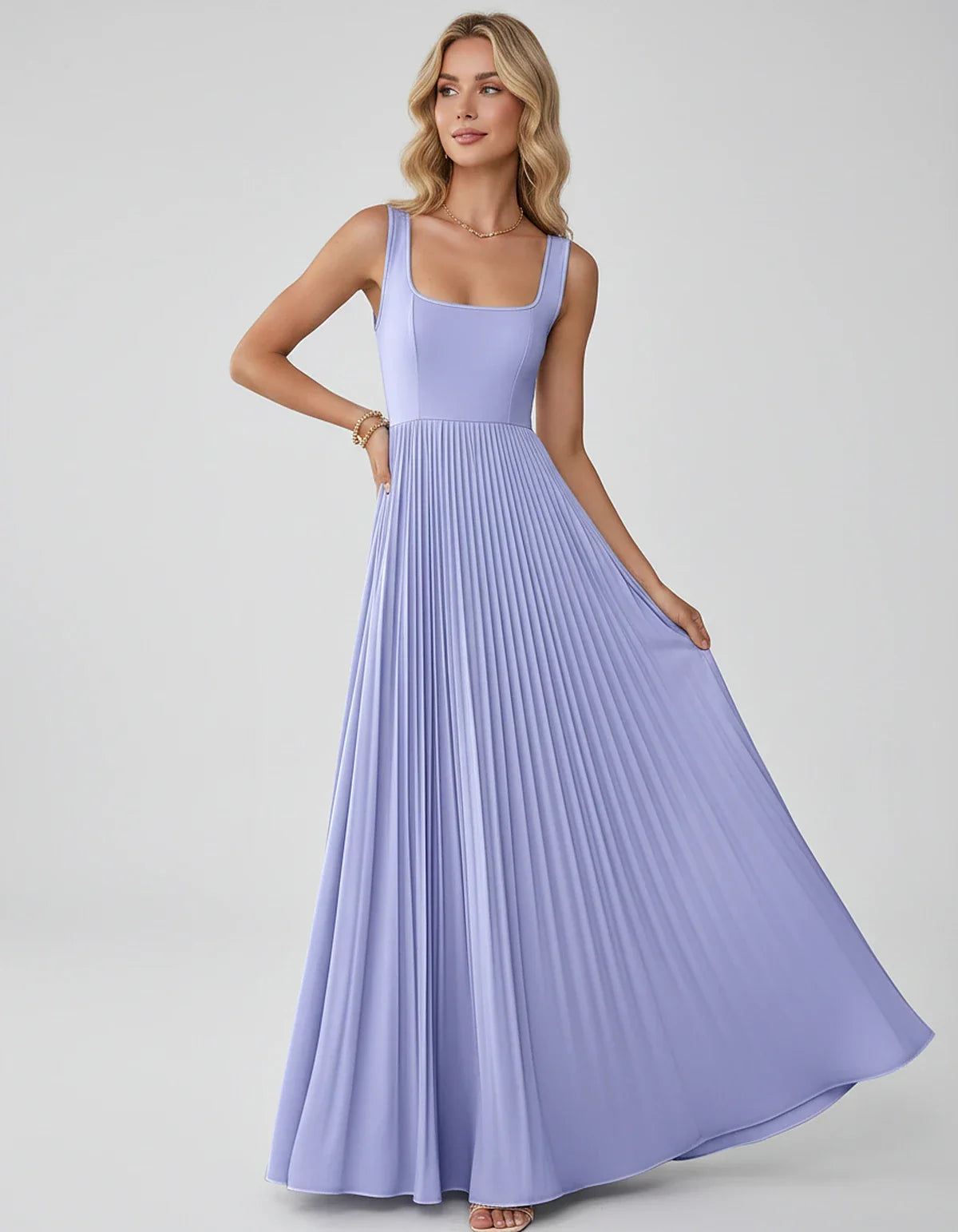 Satin Sleeveless Square Neck A-Line Maxi Dress with Pleated Skirt for Party, Cocktail, Evening, Wedding Guest & Summer Events | SKU: AMD-583920174618527-LAVENDER-L,AMD-583920174618527-LAVENDER-M,AMD-583920174618527-LAVENDER-S,AMD-583920174618527-LAVENDER-XL,AMD-583920174618527-LAVENDER-XS