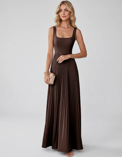 Satin Sleeveless Square Neck A-Line Maxi Dress with Pleated Skirt for Party, Cocktail, Evening, Wedding Guest & Summer Events | SKU: AMD-583920174618527-BROWN-L,AMD-583920174618527-BROWN-M,AMD-583920174618527-BROWN-S,AMD-583920174618527-BROWN-XL,AMD-583920174618527-BROWN-XS
