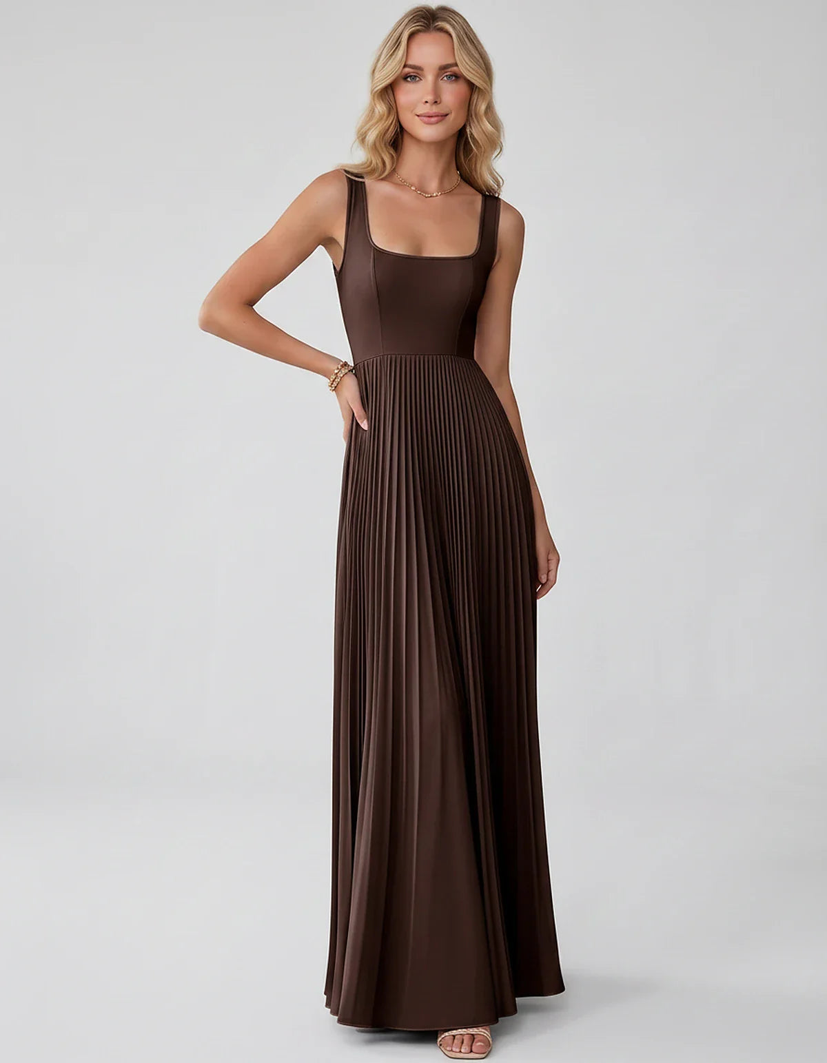 Satin Sleeveless Square Neck A-Line Maxi Dress with Pleated Skirt for Party, Cocktail, Evening, Wedding Guest & Summer Events | SKU: AMD-583920174618527-BROWN-L,AMD-583920174618527-BROWN-M,AMD-583920174618527-BROWN-S,AMD-583920174618527-BROWN-XL,AMD-583920174618527-BROWN-XS
