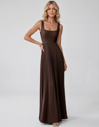 Satin Sleeveless Square Neck A-Line Maxi Dress with Pleated Skirt for Party, Cocktail, Evening, Wedding Guest & Summer Events | SKU: AMD-583920174618527-BROWN-L,AMD-583920174618527-BROWN-M,AMD-583920174618527-BROWN-S,AMD-583920174618527-BROWN-XL,AMD-583920174618527-BROWN-XS