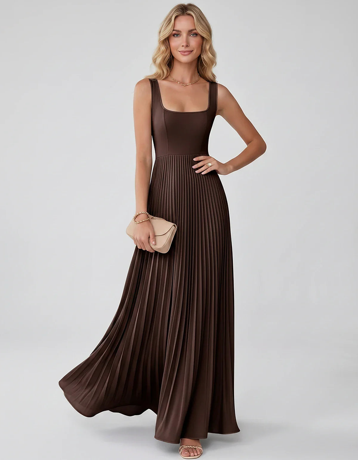 Satin Sleeveless Square Neck A-Line Maxi Dress with Pleated Skirt for Party, Cocktail, Evening, Wedding Guest & Summer Events | SKU: AMD-583920174618527-BROWN-L,AMD-583920174618527-BROWN-M,AMD-583920174618527-BROWN-S,AMD-583920174618527-BROWN-XL,AMD-583920174618527-BROWN-XS