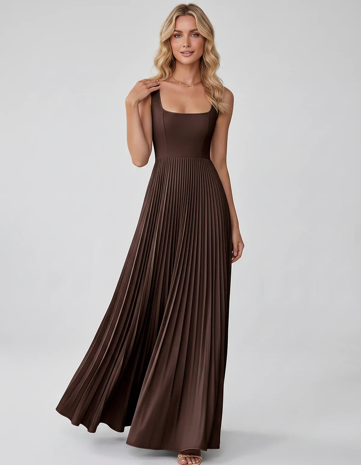 Satin Sleeveless Square Neck A-Line Maxi Dress with Pleated Skirt for Party, Cocktail, Evening, Wedding Guest & Summer Events | SKU: AMD-583920174618527-BROWN-L,AMD-583920174618527-BROWN-M,AMD-583920174618527-BROWN-S,AMD-583920174618527-BROWN-XL,AMD-583920174618527-BROWN-XS