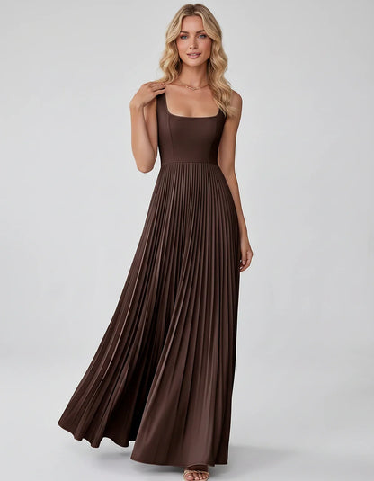 Satin Sleeveless Square Neck A-Line Maxi Dress with Pleated Skirt for Party, Cocktail, Evening, Wedding Guest & Summer Events | SKU: AMD-583920174618527-BROWN-L,AMD-583920174618527-BROWN-M,AMD-583920174618527-BROWN-S,AMD-583920174618527-BROWN-XL,AMD-583920174618527-BROWN-XS