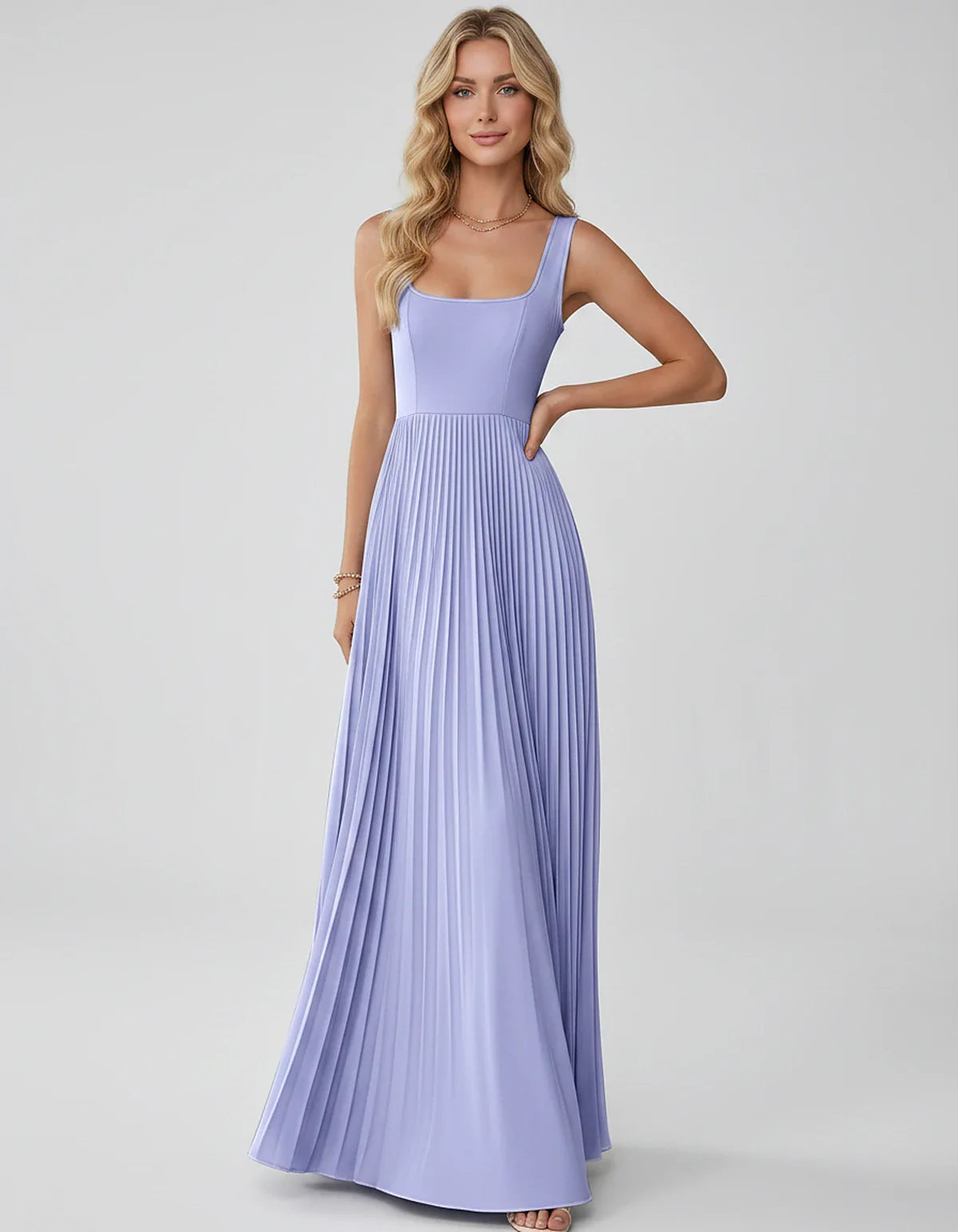 Satin Sleeveless Square Neck A-Line Maxi Dress with Pleated Skirt for Party, Cocktail, Evening, Wedding Guest & Summer Events | SKU: AMD-583920174618527-LAVENDER-L,AMD-583920174618527-LAVENDER-M,AMD-583920174618527-LAVENDER-S,AMD-583920174618527-LAVENDER-XL,AMD-583920174618527-LAVENDER-XS