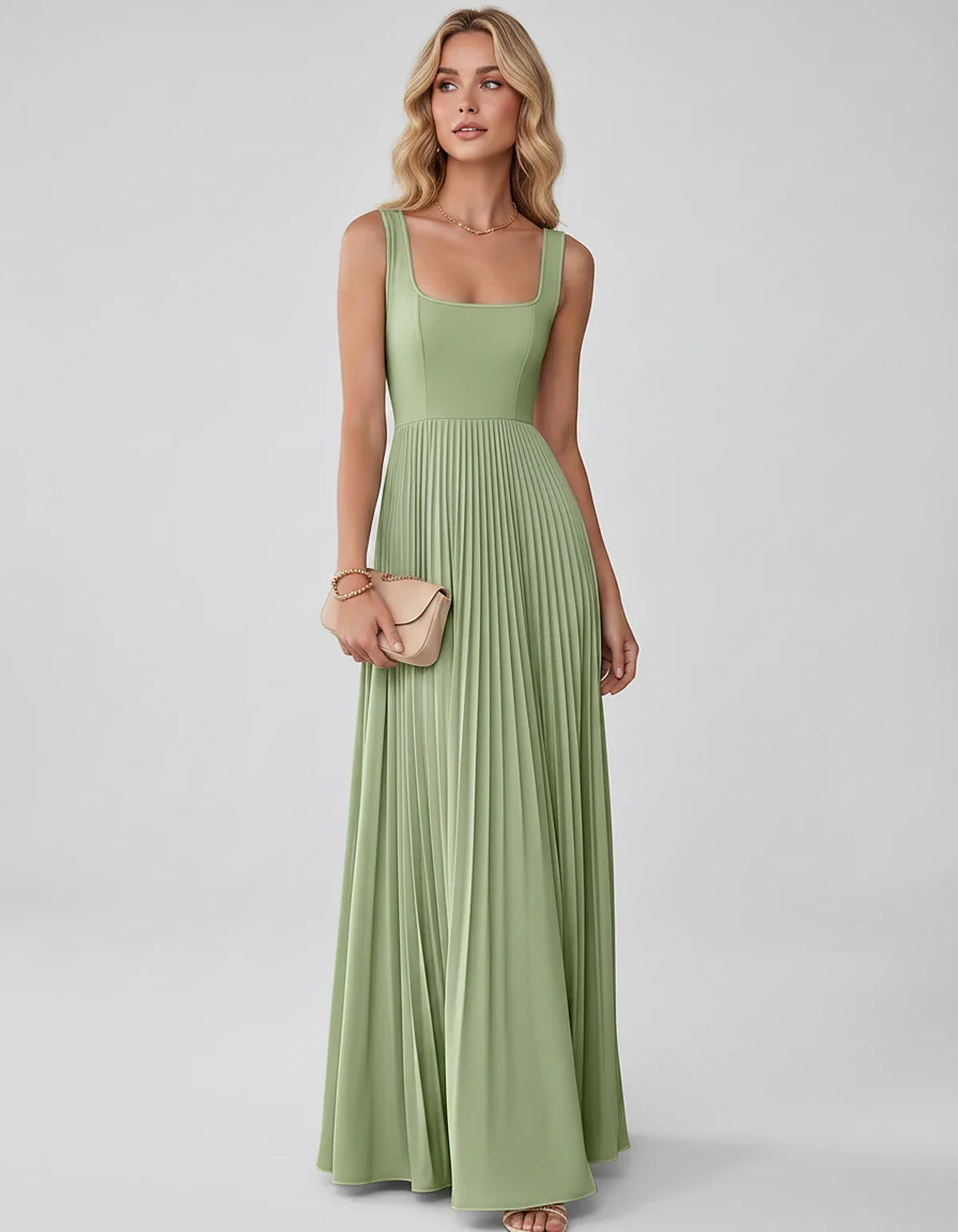 Satin Sleeveless Square Neck A-Line Maxi Dress with Pleated Skirt for Party, Cocktail, Evening, Wedding Guest & Summer Events | SKU: AMD-583920174618527-SAGE-L,AMD-583920174618527-SAGE-M,AMD-583920174618527-SAGE-S,AMD-583920174618527-SAGE-XL,AMD-583920174618527-SAGE-XS