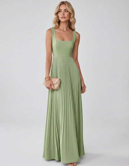 Satin Sleeveless Square Neck A-Line Maxi Dress with Pleated Skirt for Party, Cocktail, Evening, Wedding Guest & Summer Events | SKU: AMD-583920174618527-SAGE-L,AMD-583920174618527-SAGE-M,AMD-583920174618527-SAGE-S,AMD-583920174618527-SAGE-XL,AMD-583920174618527-SAGE-XS