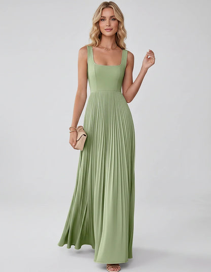 Satin Sleeveless Square Neck A-Line Maxi Dress with Pleated Skirt for Party, Cocktail, Evening, Wedding Guest & Summer Events | SKU: AMD-583920174618527-SAGE-L,AMD-583920174618527-SAGE-M,AMD-583920174618527-SAGE-S,AMD-583920174618527-SAGE-XL,AMD-583920174618527-SAGE-XS