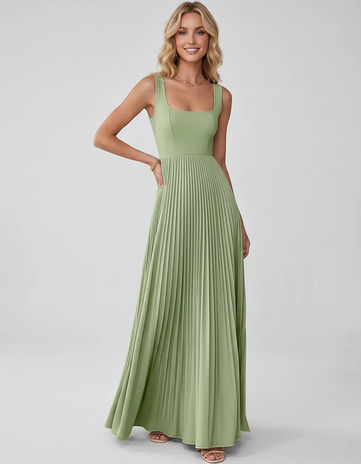 Satin Sleeveless Square Neck A-Line Maxi Dress with Pleated Skirt for Party, Cocktail, Evening, Wedding Guest & Summer Events | SKU: AMD-583920174618527-SAGE-L,AMD-583920174618527-SAGE-M,AMD-583920174618527-SAGE-S,AMD-583920174618527-SAGE-XL,AMD-583920174618527-SAGE-XS