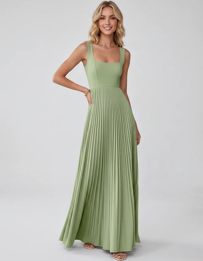 Satin Sleeveless Square Neck A-Line Maxi Dress with Pleated Skirt for Party, Cocktail, Evening, Wedding Guest & Summer Events | SKU: AMD-583920174618527-SAGE-L,AMD-583920174618527-SAGE-M,AMD-583920174618527-SAGE-S,AMD-583920174618527-SAGE-XL,AMD-583920174618527-SAGE-XS