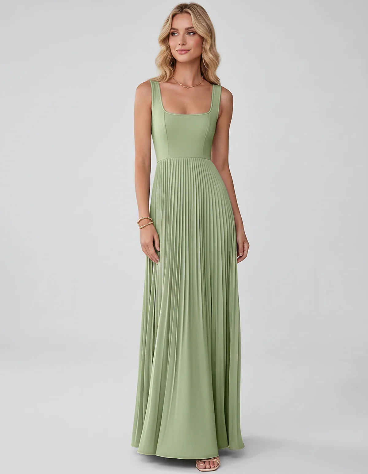 Satin Sleeveless Square Neck A-Line Maxi Dress with Pleated Skirt for Party, Cocktail, Evening, Wedding Guest & Summer Events | SKU: AMD-583920174618527-SAGE-L,AMD-583920174618527-SAGE-M,AMD-583920174618527-SAGE-S,AMD-583920174618527-SAGE-XL,AMD-583920174618527-SAGE-XS